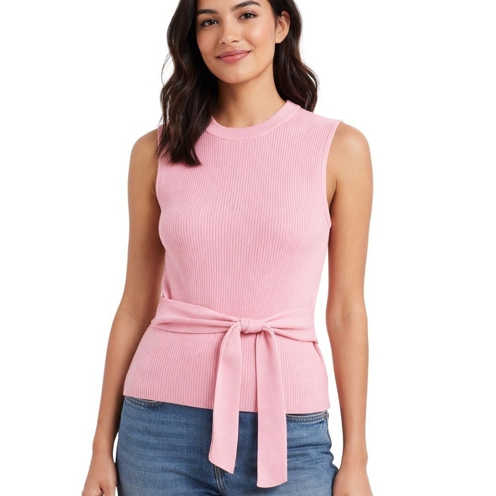 AND NOW THIS‎ Bubble Gum Pink Ribbed Stretch Knit Preppy Sleeveless Sweater